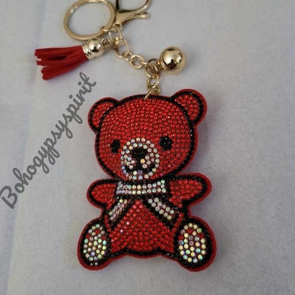 Bling Teddy Bear Crystal Rhinestone Keychain Bag Charm With Red Tassel - Picture 10 of 15